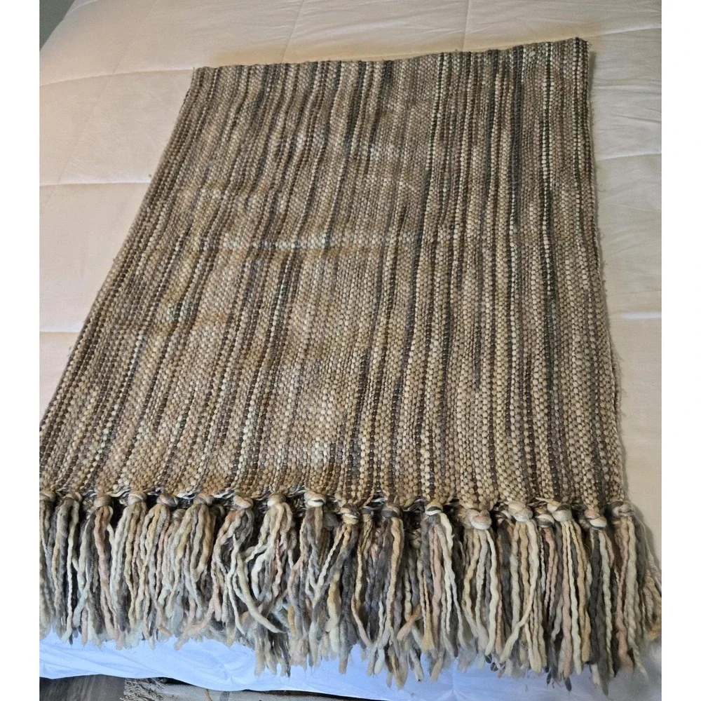 Altar'D State Striped Fringed Afghan, 100% Acrylic Lap Throw, Gray Tan White